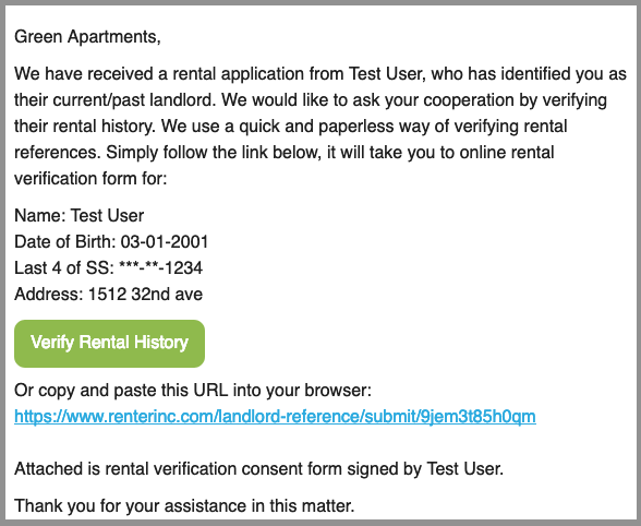 Request Landlord Reference Email Sent to Landlord